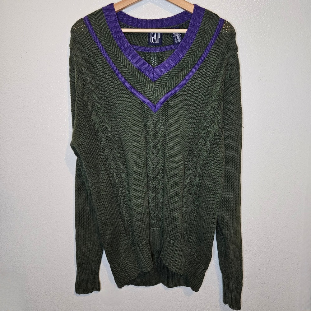 GAP Olive Green Purple‎ Trim Cable Knit V Neck Sweater
